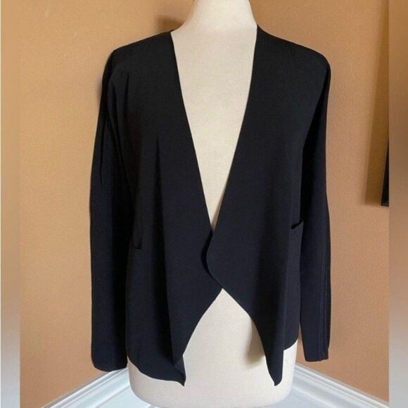 Margaret O’Leary open cardigan mesh inset pockets M Black - Picture 1 of 8